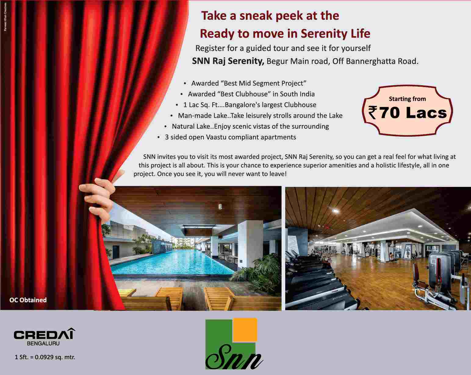 Experience superior amenities and a holistic lifestyle at SNN Raj Serenity in Bangalore